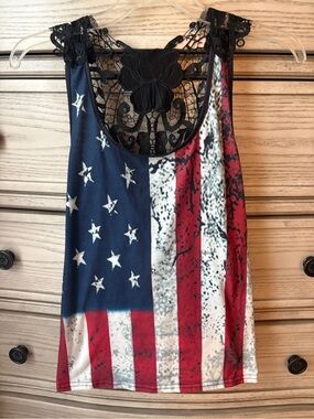 American Flag Lace-Back Tank Top - Red, White & Blue Americana Boho Size Small